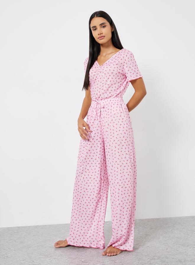 Styli Ditsy Floral Pointelle Dropped Shoulder T-Shirt and Wide Leg Pyjama Set - Image 4